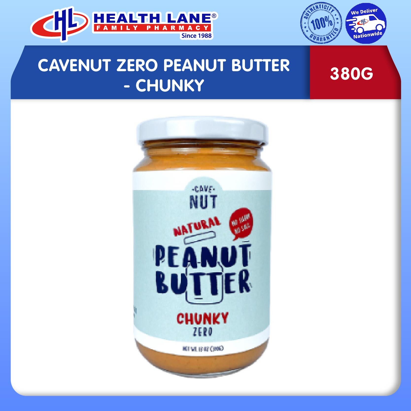 CAVENUT ZERO PEANUT BUTTER (380G) - CHUNKY